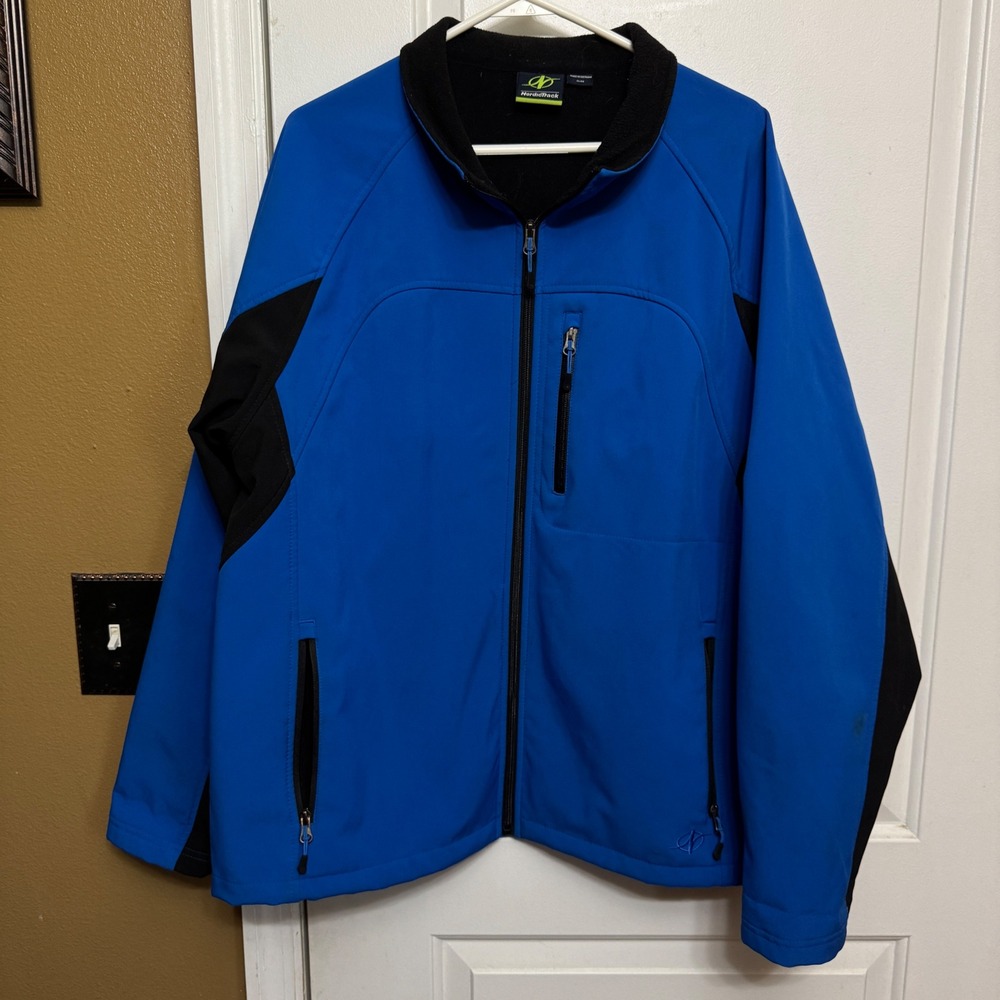 NordicTrack Mens Softshell Jacket Blue Black Fleece Lined Full Zip XL Activewear